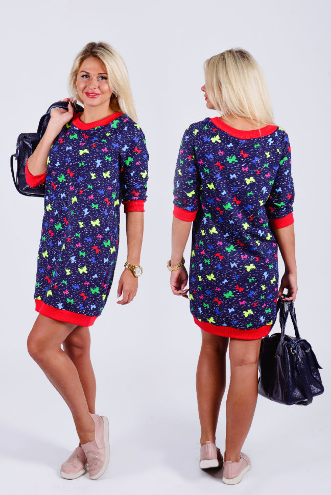 Платье П 608 (принт бабочки + красный)